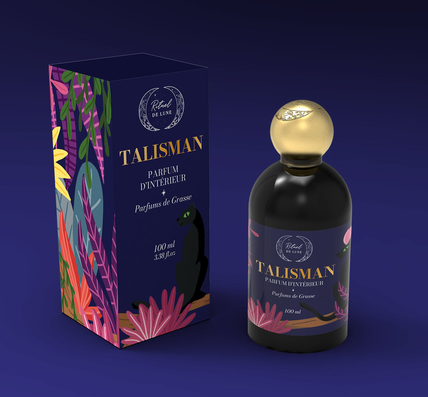 Parfum d'intérieur Talisman Rituel de lune et sa boîte en carton, couleurs violet, rose et doré, bouchon or, sur fond bleu nuit