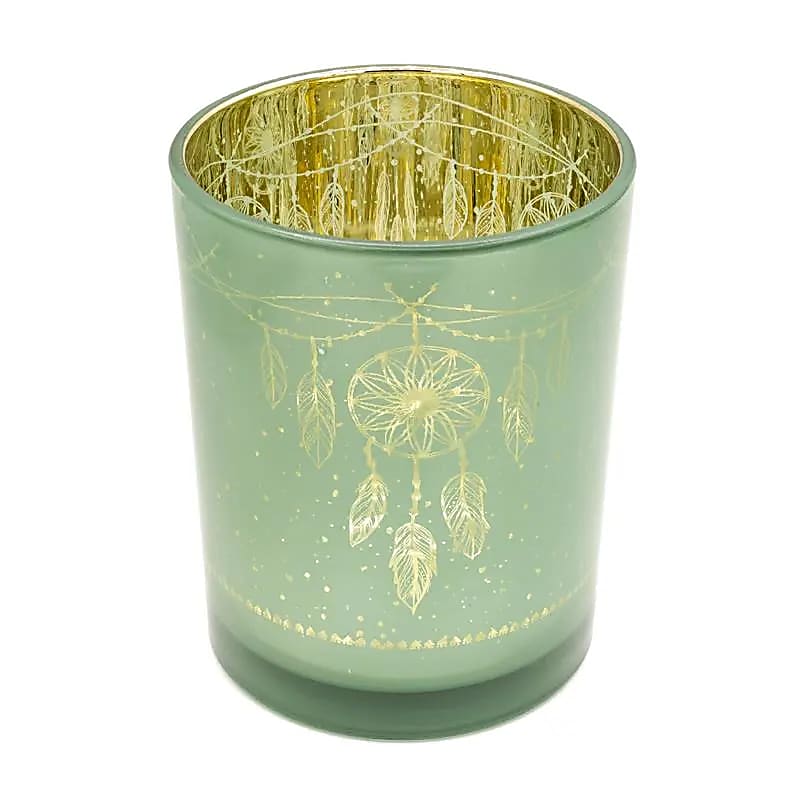 Photophore attrape-rêves en verre vert sauge avec motif doré en transparence et intérieur doré métallisé sur fond blanc