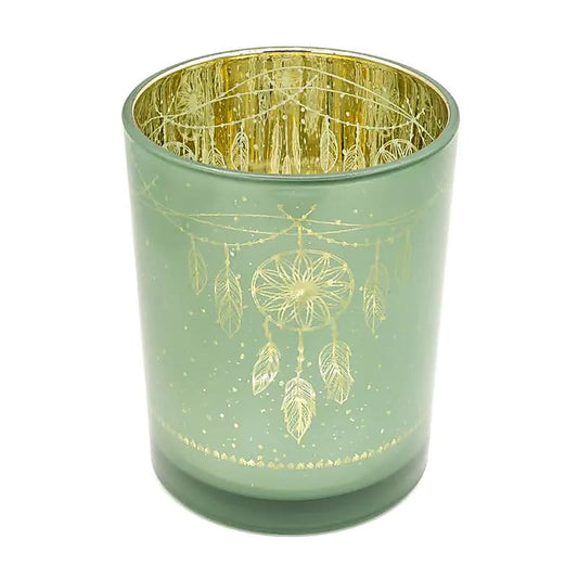 Photophore attrape-rêves en verre vert sauge avec motif doré en transparence et intérieur doré métallisé sur fond blanc