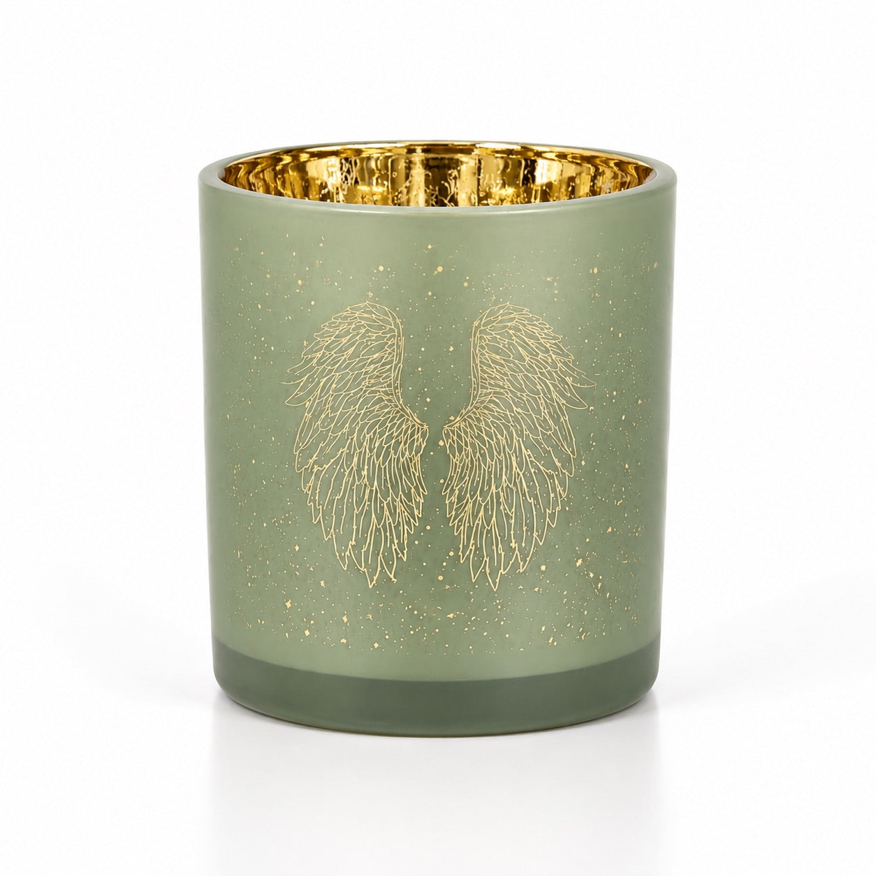 Photophore cylindrique métallisé en verre vert sauge avec motif ailes d'ange dorées et étoiles or, intérieur doré