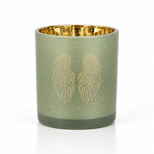 Photophore cylindrique métallisé en verre vert sauge avec motif ailes d'ange dorées et étoiles or, intérieur doré