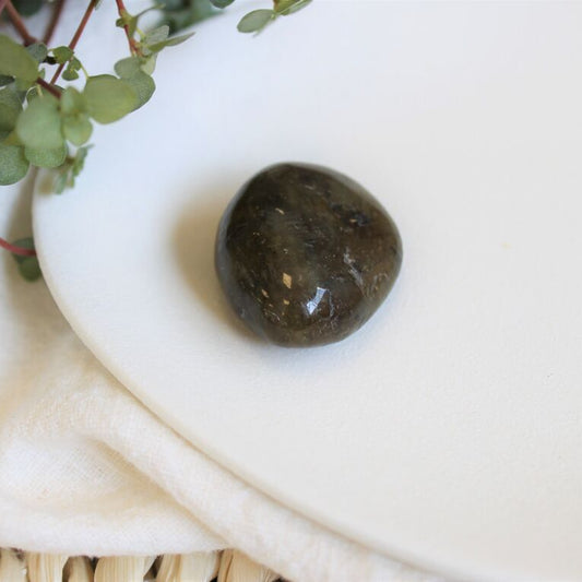 Pierre roulée naturelle en labradorite posée sur un tissu blanc à côté de plantes