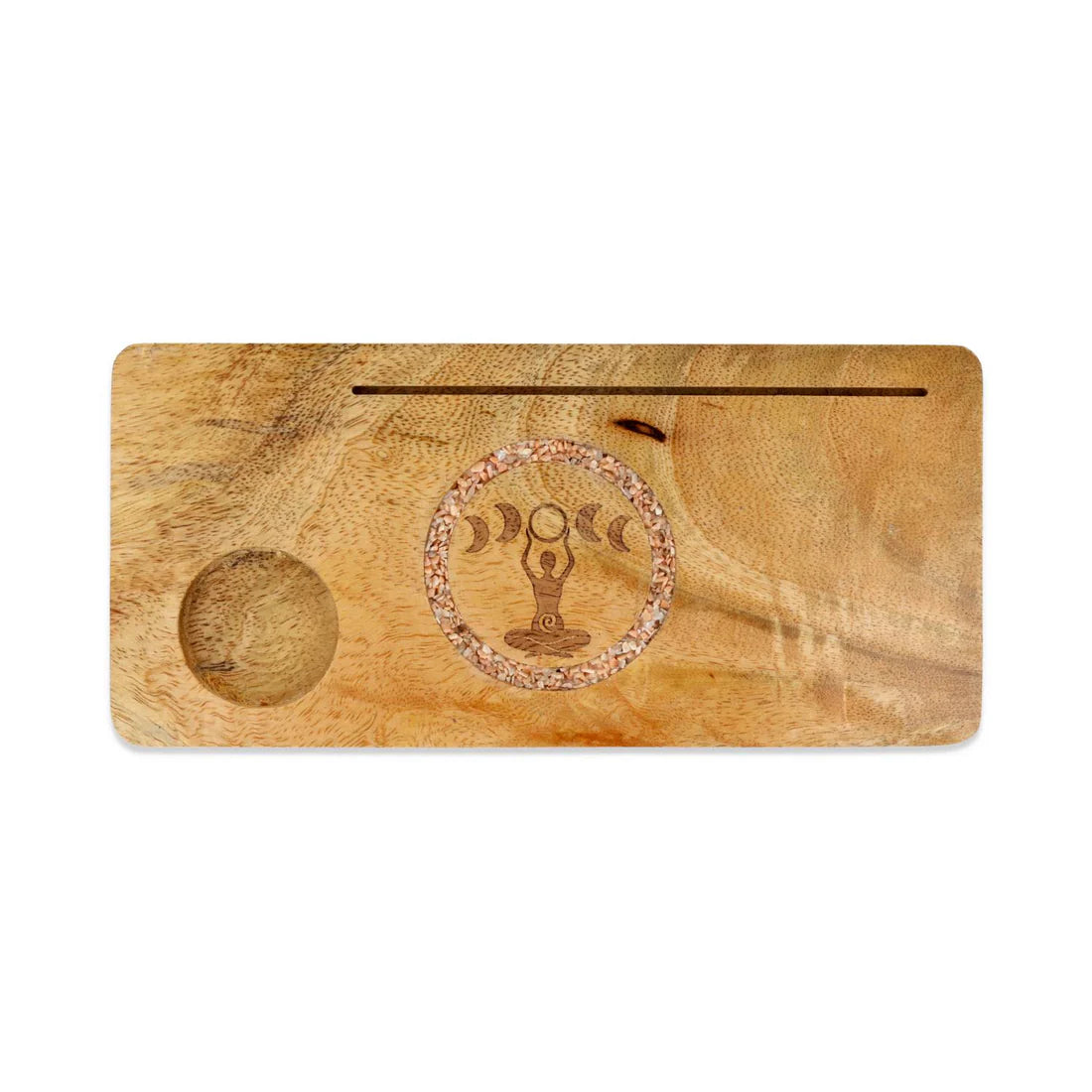 Vue de dessus d'un porte cartes en bois de manguier avec déesse et cycles lunaires gravés, cerclés de cristaux de pierre de lune rose, encoche bougie 