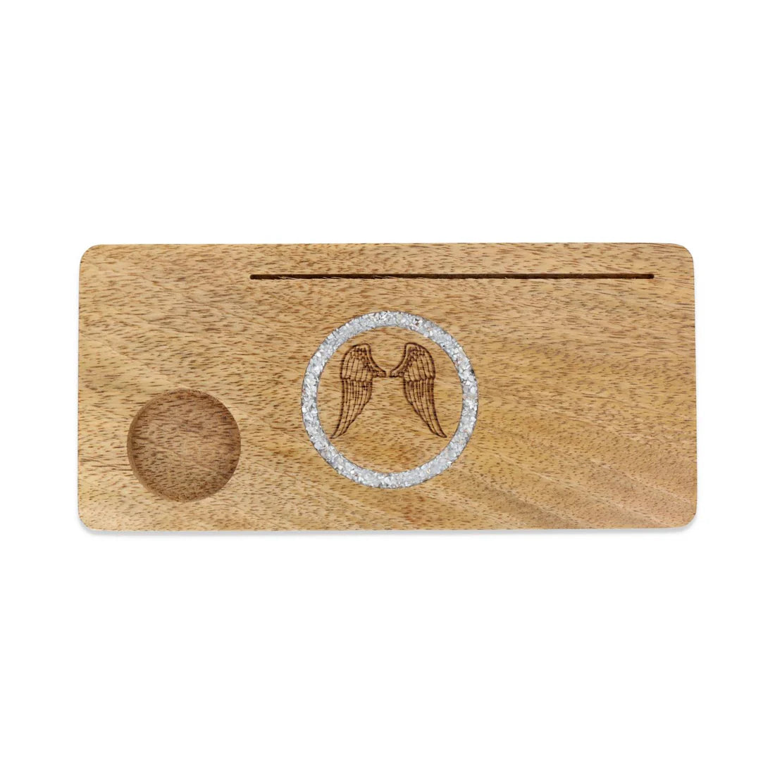 Porte cartes en bois de manguier avec ailes gravées, cerclées de cristaux d'angélite gris, porte bougie 