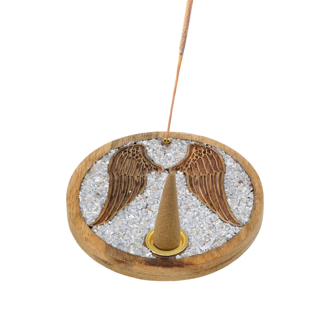 Porte encens ailes d'ange avec bâtonnet et cône d'encens, cristaux d'angélite bois manguier
