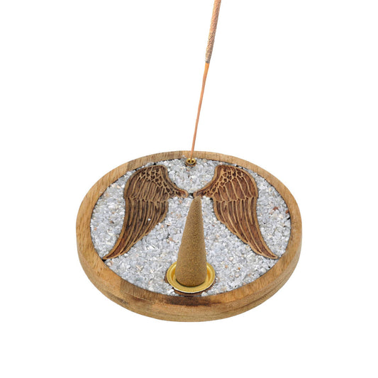 Porte encens ailes d'ange avec bâtonnet et cône d'encens, cristaux d'angélite bois manguier
