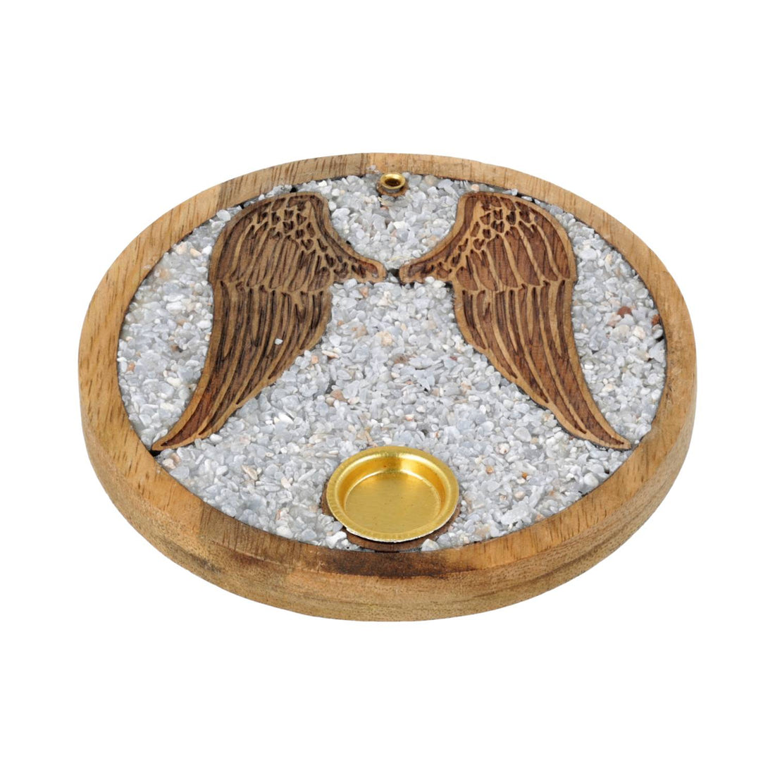 Porte encens rond ailes d'ange bois de manguier cristaux angélite porte cône laiton, vue 3/4
