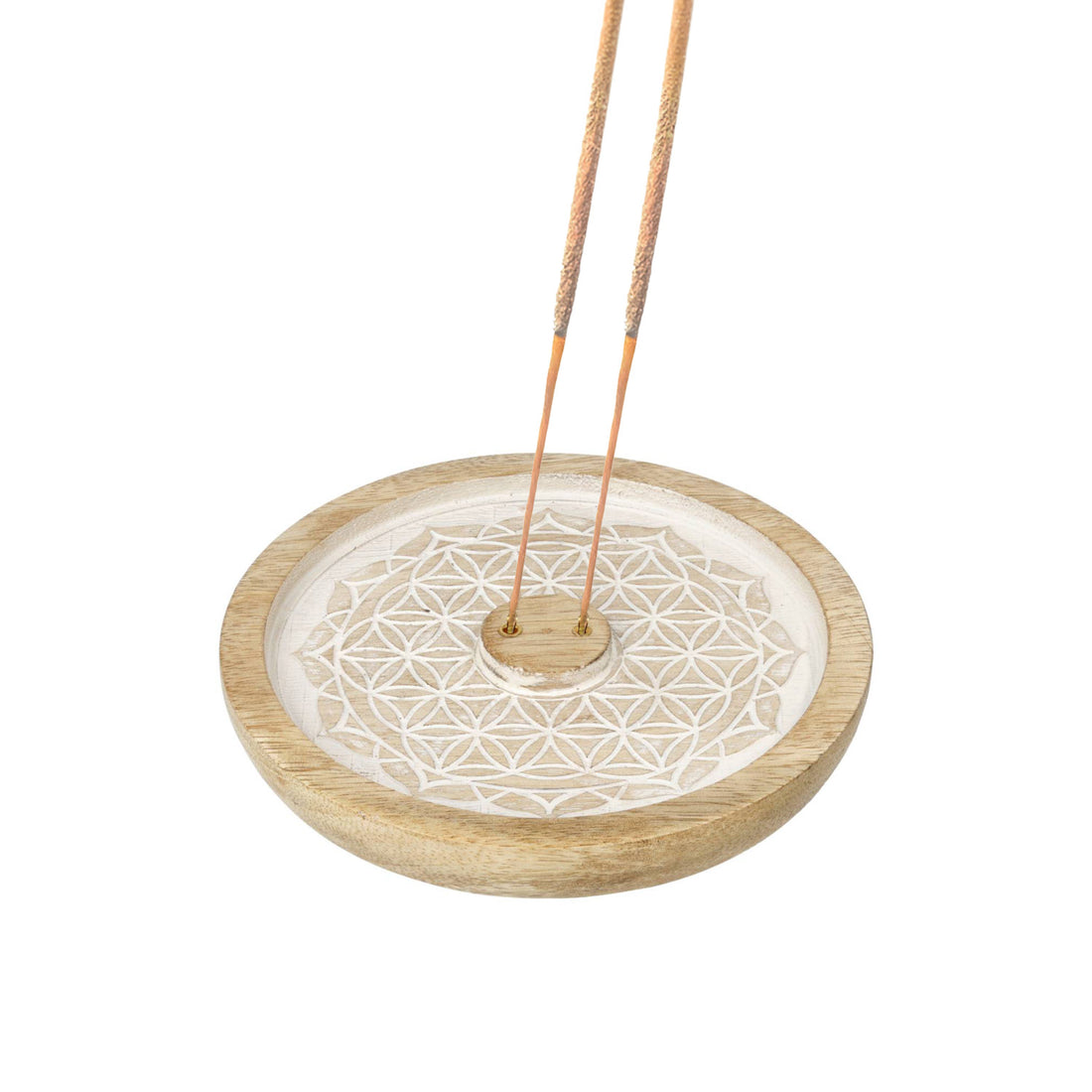 Porte-encens rond en bois de manguier avec motif Mandala Fleur de Vie gravé sur finition blanche et pourtour bois naturel, deux trous pour bâtonnets d'encens, avec deux encens
