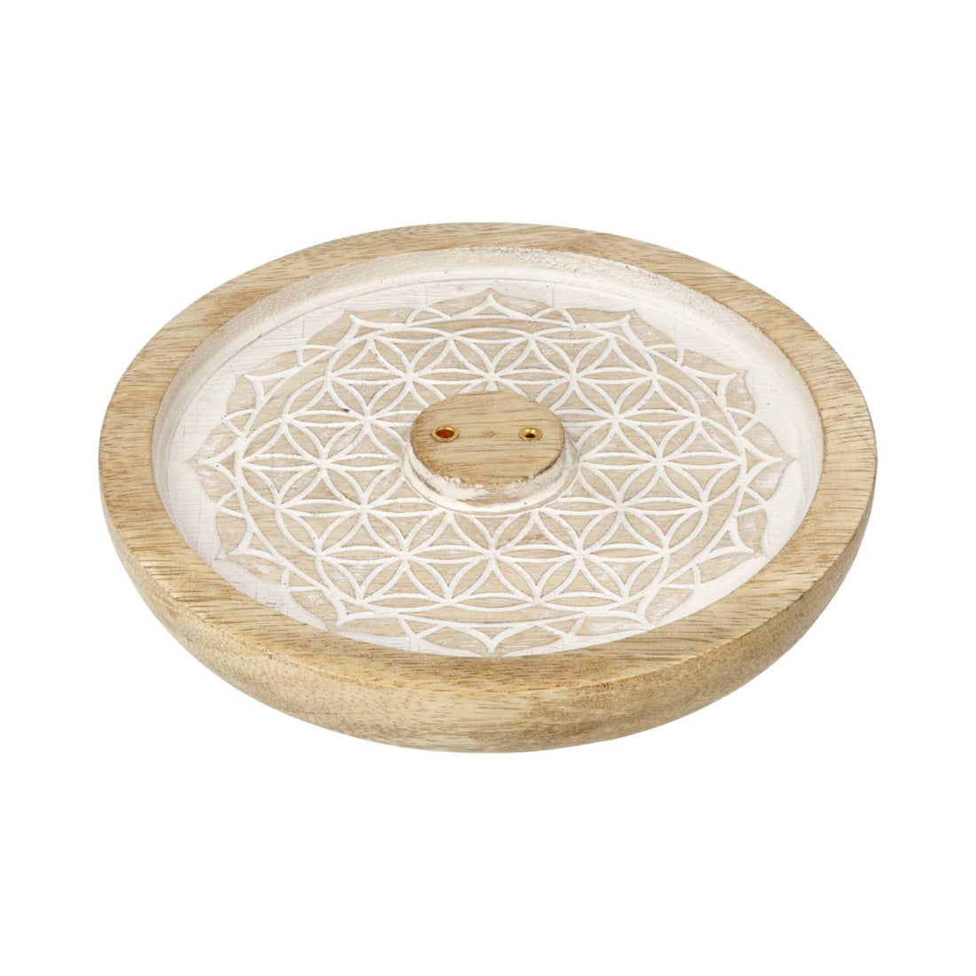 Porte-encens rond en bois de manguier avec motif Mandala Fleur de Vie gravé sur finition blanche et pourtour bois naturel, deux trous pour bâtonnets d'encens