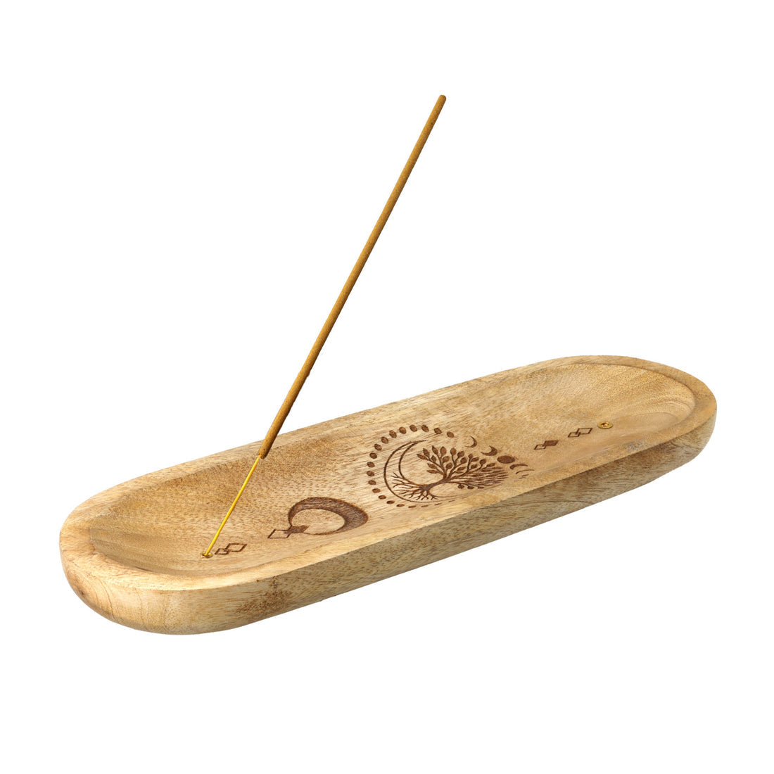 Porte-encens en bois de manguier avec motifs Arbre de Vie, croissant de lune et symboles cosmiques gravés avec encens