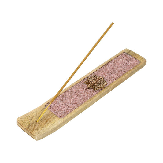 Porte encens rectangulaire en bois de manguier garni d’éclats de quartz rose et d’un mandala avec bâton d’encens