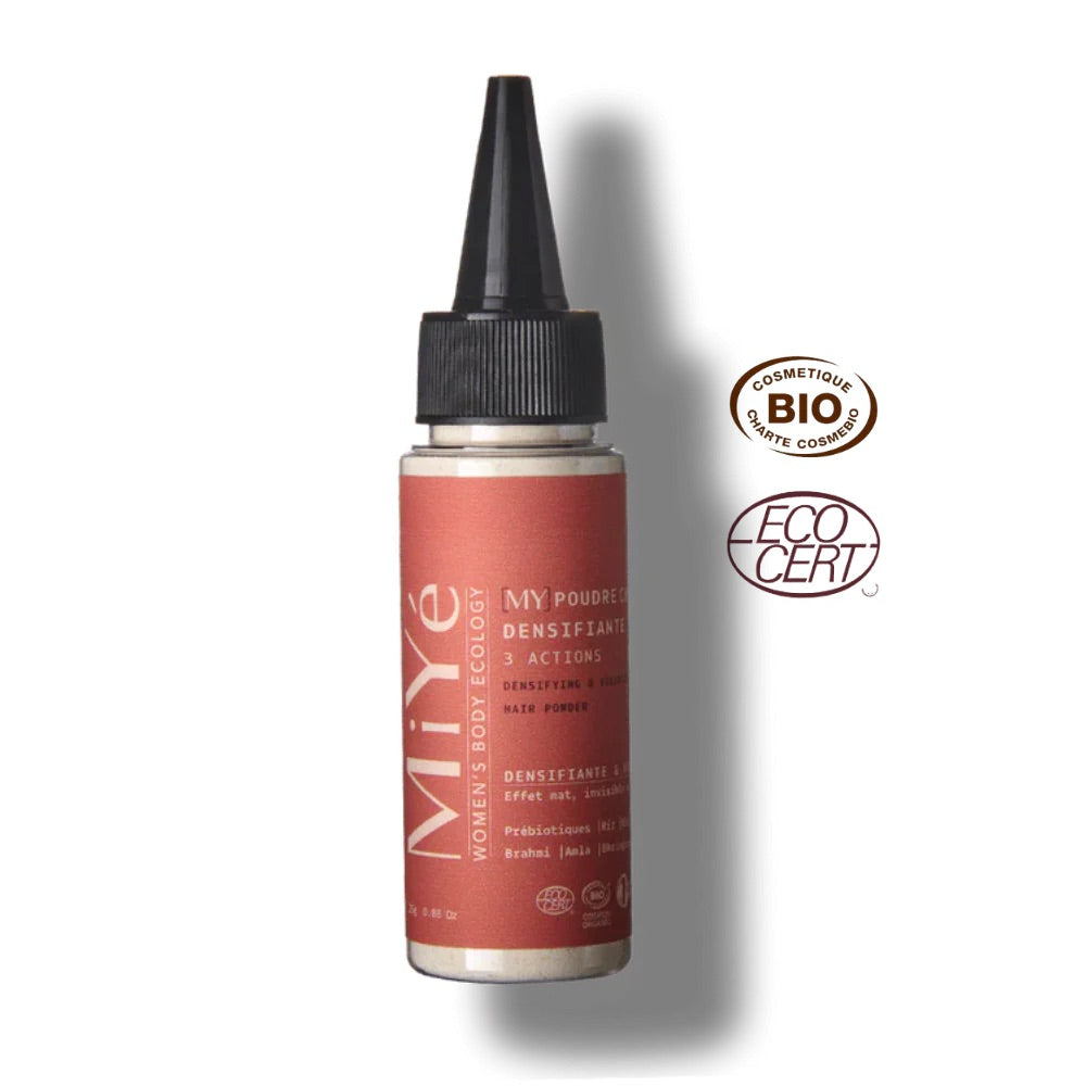 Flacon de la poudre densifiante 3 actions MiYé avec étiquette rouge rosé, bouchon noir et logos certifications bio ecocert