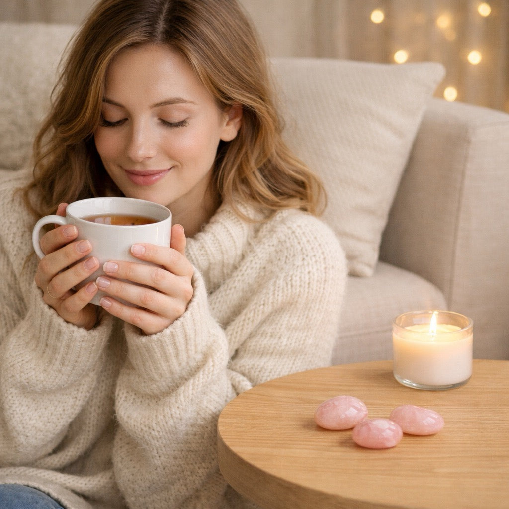 Femme buvant un thé avec à côté d'elle une table basse avec 3 pierres roulées de quartz rose et une bougie