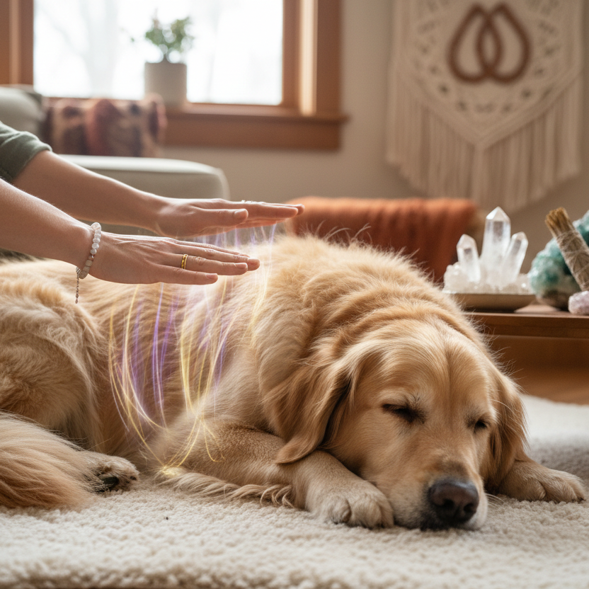 Mains de femme pratiquant un soin énergétique sur un chien allongé sur un tapis blanc, cristaux et bâtonnet de sauge sur table basse, salon, ambiance zen