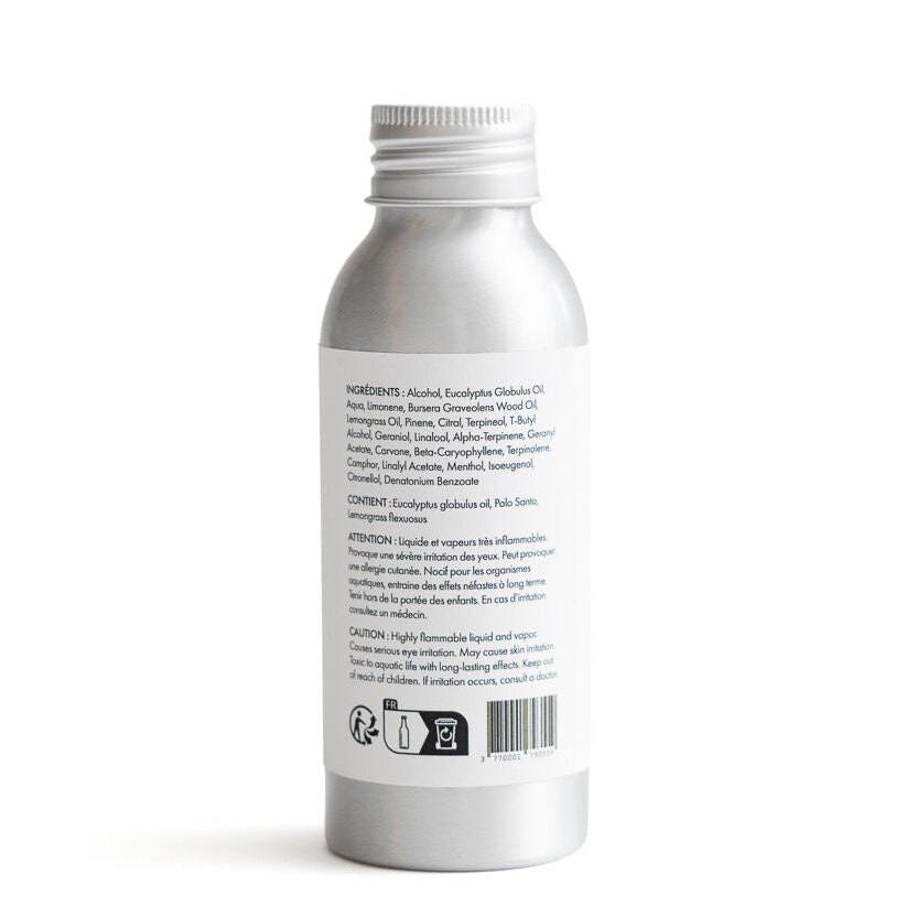 Bouteille en aluminium et son bouchon avec étiquette des ingrédients l'essence purification spray aurique de Sentara Holistic