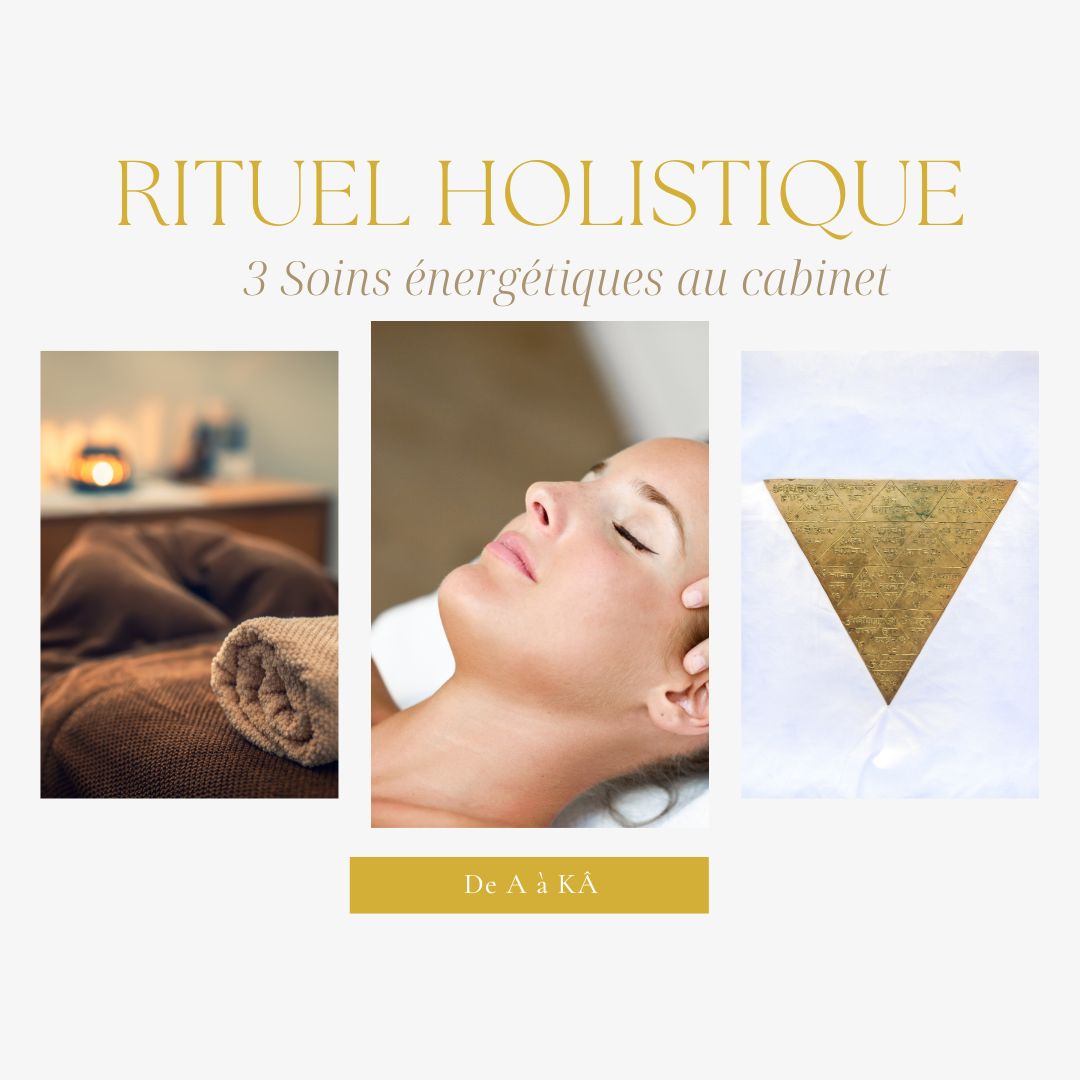Visuel du rituel holistique avec 3 soins énergétiques au cabinet - table de massage, apposition des mains, triangle doré - De A à KÂ