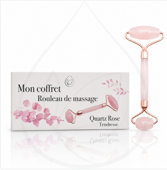 Coffret Mon coffret Rouleau de massage en quartz rose accompagné d’un roll on de massage rose à deux embouts