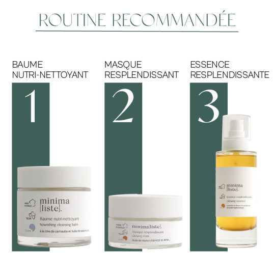 Visuel en 3 phases de la routine cosmétiques recommandée Minimaliste : baume nutri nettoyant, masque resplendissant, essence resplendissante