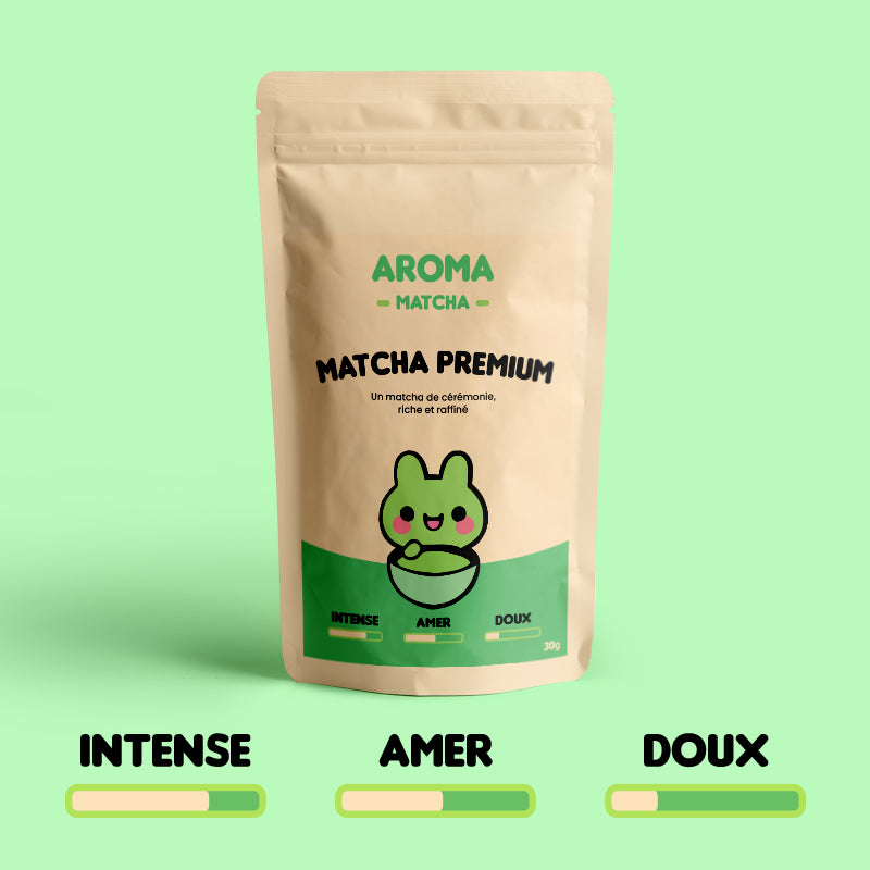 Sur fond vert, sachet kraft de thé matcha premium, Aroma Matcha avec ses bienfaits