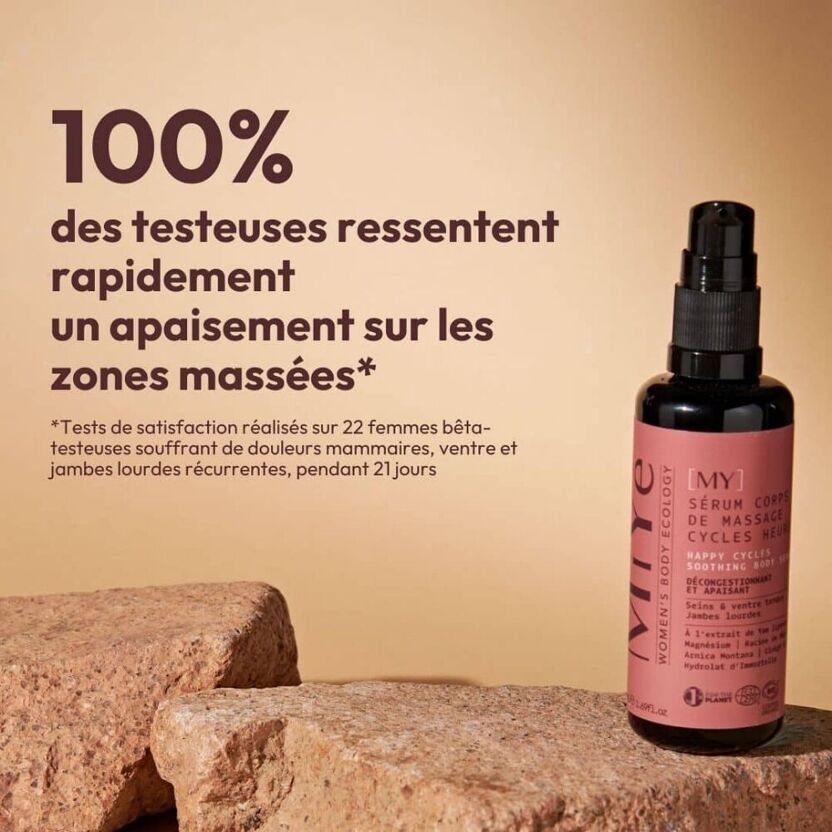 Visuel des tests cliniques du Sérum corps de massages cycles heureux, MiYé, flacon verre brun, étiquette rose sur deux pierre de calcaire