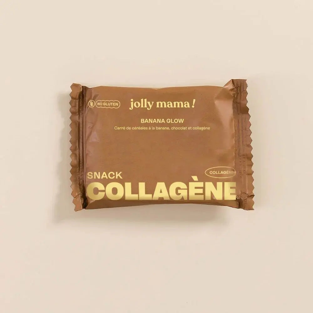 Sachet individuel marron du snack collagène Banana Glow de Jolly Mama à la banane et au chocolat sur fond beige