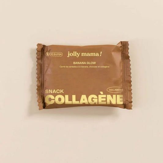 Sachet individuel marron du snack collagène Banana Glow de Jolly Mama à la banane et au chocolat sur fond beige