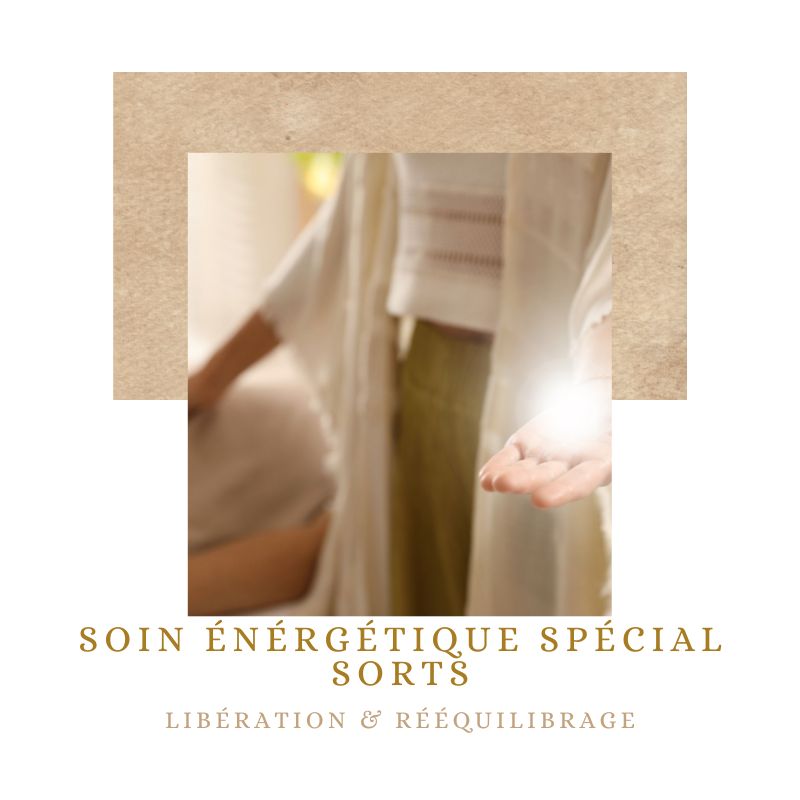 Visuel d'un soin énergétique spécial sorts libération et rééquilibrage, De A à KÂ avec photo d'une femme avec lumière énergie dans sa main