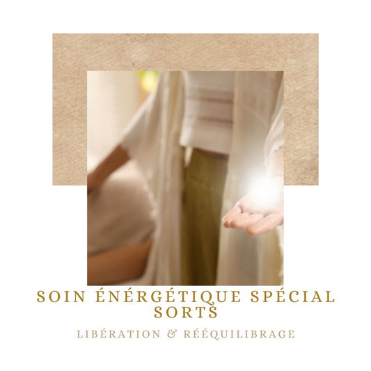 Visuel d'un soin énergétique spécial sorts libération et rééquilibrage, De A à KÂ avec photo d'une femme avec lumière énergie dans sa main