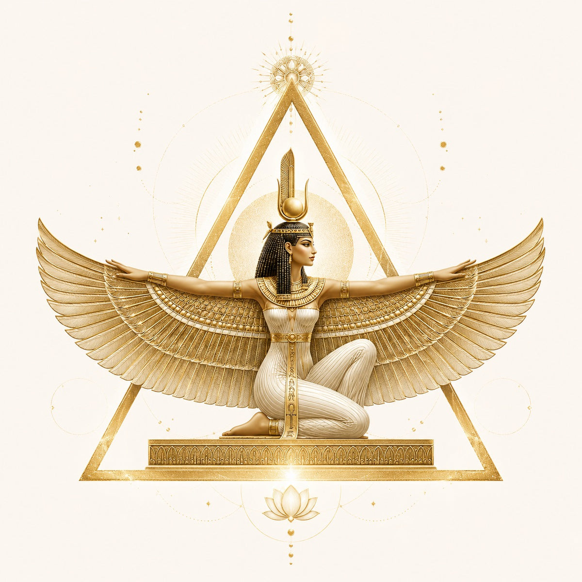 Illustration De A à KÂ du Soin énergétique Triangle d'Or d'Isis, avec un triangle doré et en son centre la déesse avec ses ailes déployées, couleurs or et blanc