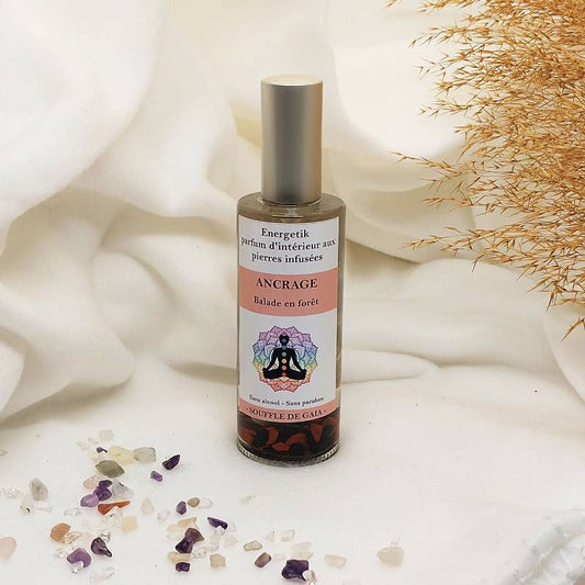 Parfum d'ambiance énergétique Ancrage à la senteur baklade en forêt, flacon verre avec spray et bouchon métal , avec pierres infusées