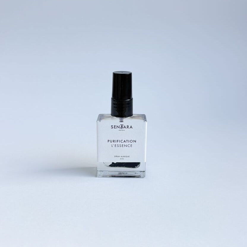 Spray Aurique Purification L'Essence Sentara Holistic, flacon verre avec cristaux d'obsidienne pour purifier les espaces de vie et l'aura
