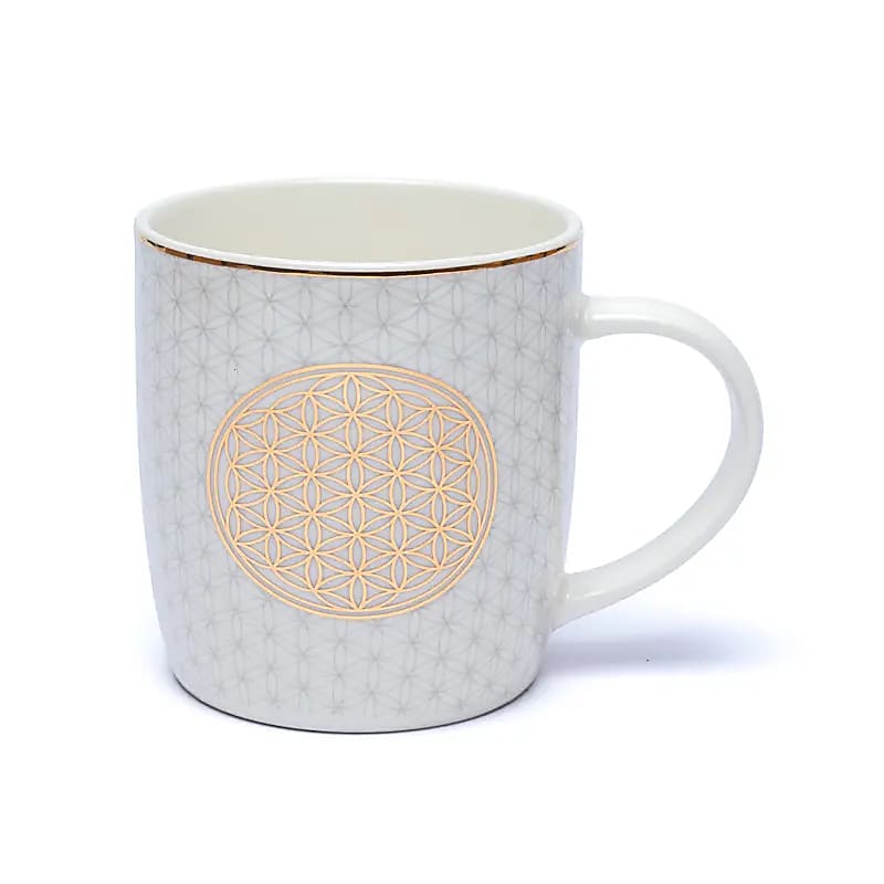 Tasse blanche en porcelaine avec motif Fleur de Vie doré et liseré doré