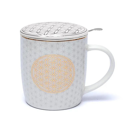 Tasse blanche ornée d’une Fleur de Vie dorée, avec couvercle décoré fleur de vie et infuseur en acier inoxydable