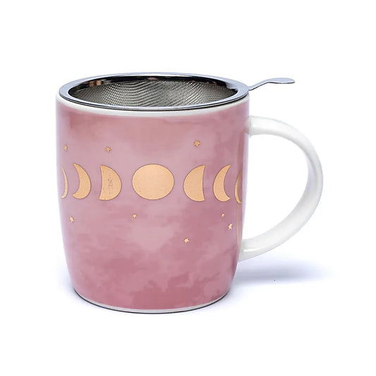 Tasse porcelaine rose phases de lune avec infuseur inox posé dessus