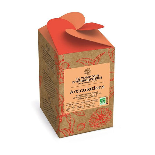 Boîte kraft avec motifs fruits et plantes oranges de tisanes bio Articulations Le Comptoire de l'Herboristerie, intention accompagner, 20 sachets