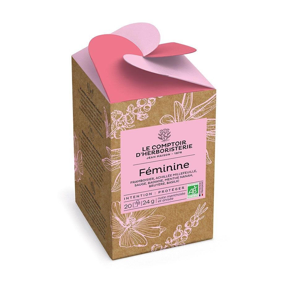 Boite tisane feminine bio Le Comptoir Herboristerie 20 infusettes intention proteger fond blanc