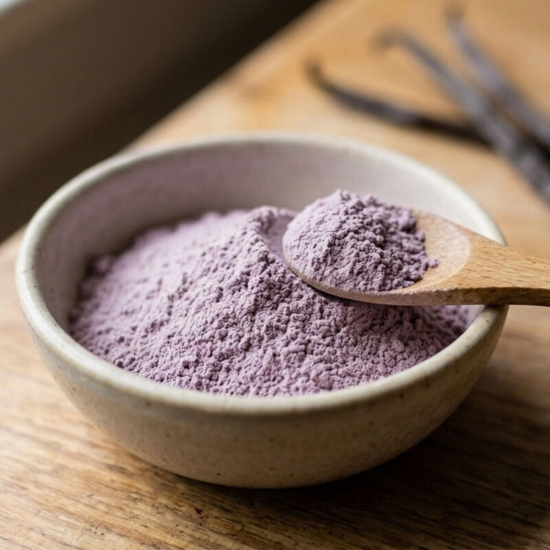 Poudre d'ube violet clair dans un bol zen en terre cuite avec cuillère doseuse en boissur table bois et gousses de vanille
