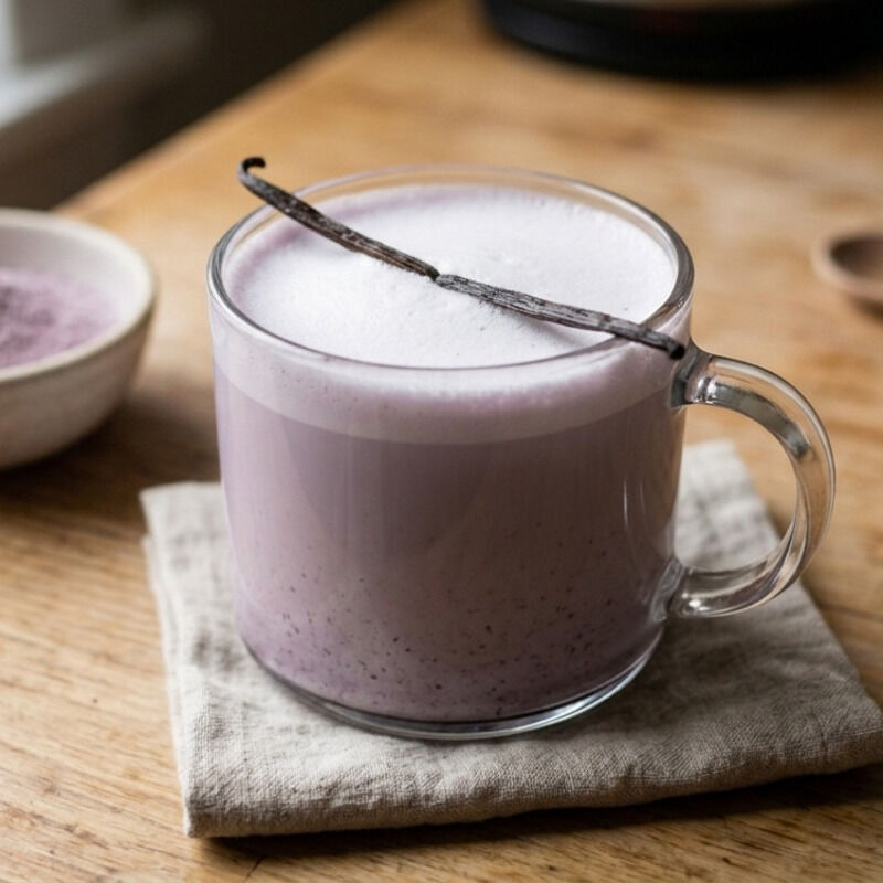 Tasse en verre avec boisson violette type ue latte avec une gousse de vanille posée dessus, serviette grège en lin, ambiance zen