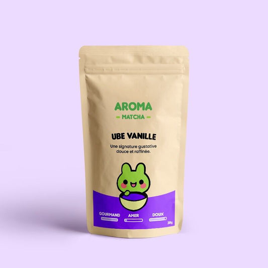 Sachet kraft de poudre d'ube vanille Aroma Matcha avec grenouille verte, boisson gourmande