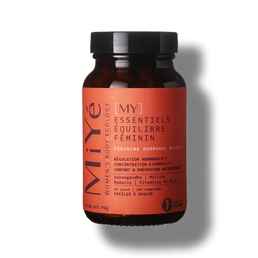 Photo du flacon en verre brun et son étiquette rouge du complément alimentaire My Essentiels Équilibre Féminin MiYé pour la régulation hormonale